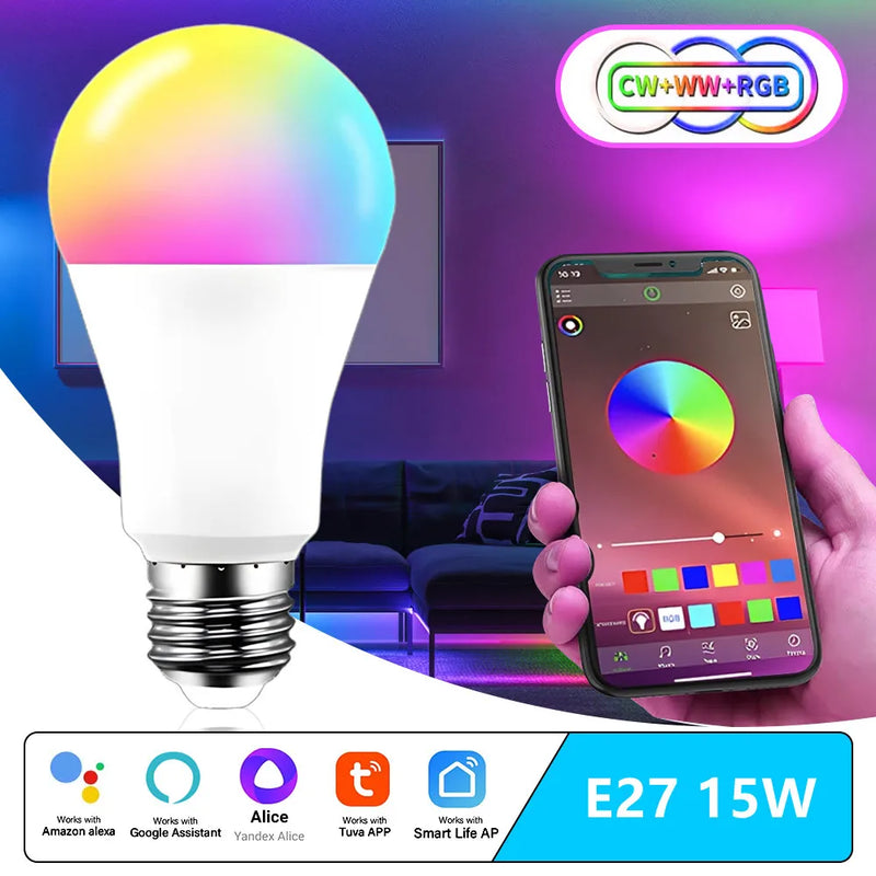 Tuya WiFi E27  Smart Dimmable Bulb RGBCW 100-240V 15W LED Light Smart Life App Control Support Alexa Google Home Alice