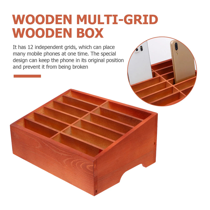 12 Grids Mobile Phone Storage Box Toolbox Phones Organizer Desktop Rack Classroom Holder Cable Office Wood