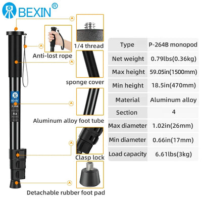 BEXIN Digital Camera Telescopic Handheld Monopod Lightweight Camera Mount Adapter Support Monopod For Nikon Sony Dslr Camera