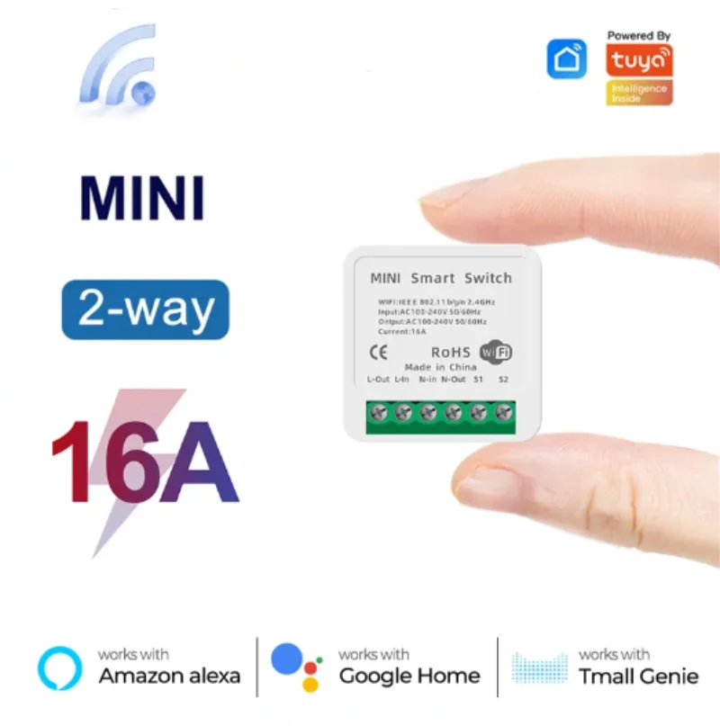 Tuya Mini 16A WiFi Switch Smart Life App 2 Way Control Smart Home Automation Module Interruptor Work for Alexa Google Home