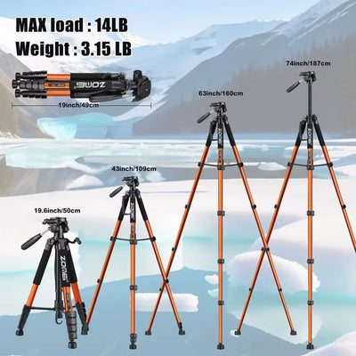 187cm/73.6in Tall Panorama Rotatable Zomei Floor Tripod for Mobile Professional Camera Canon Nikon Spotlight Horizontal Shooting