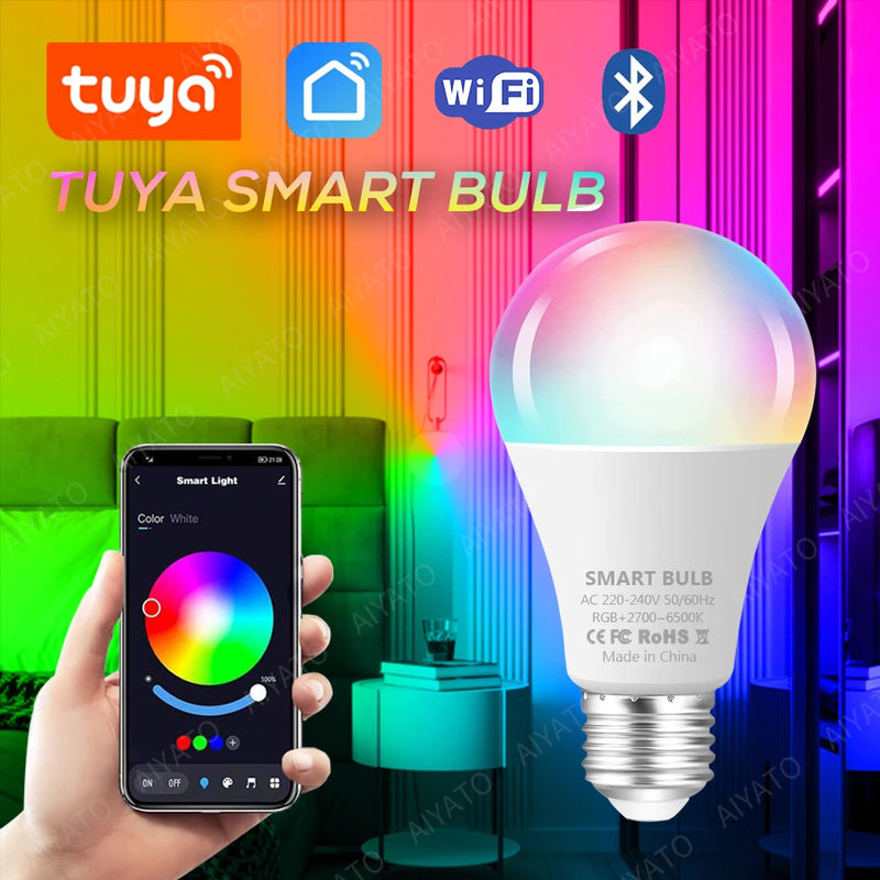 Tuya WIFI Bluetooth LED Bulb Smart Life APP Control Dimmable 9W 18W E27 220V RGB+CW+WW Color Change Lamps Compatible IOS/Android