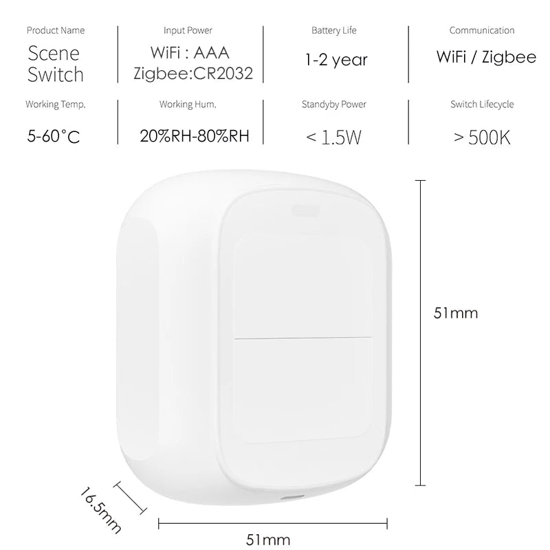 Tuya Wifi Zigbee 2 Gang Wireless Hand -Remoter Scene Switch Button Controller Battery Powered Automation App Control Device