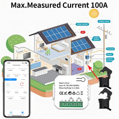 100A Wifi Tuya Intelligent Energy Meter Solar PV System Power Production Consumption Bidirectional Monitoring Meter APP Control