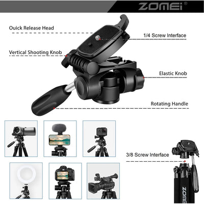 187cm/73.6in 360° Rotate Phone Photography Stand Zomei Heavy Duty  Tripod for Professional Camera Tripod for Horizontal Shooting