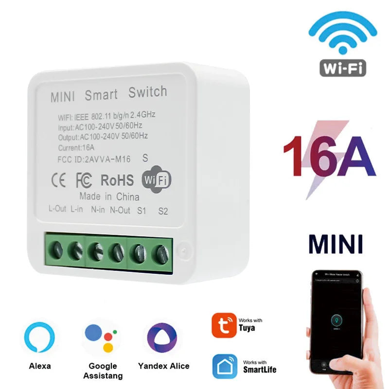 16A Tuya Smart Switch mini WiFi Smart Life Work With Alexa Google App voice Remote Control 2-Way Control DIY Switch module