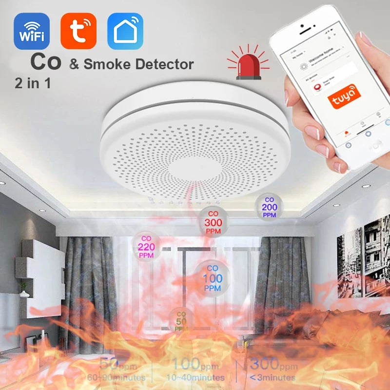 Tuya WiFi Carbon Monoxide Smoke Detector 2 in 1 Co Smoke Sensor Smart Life APP Control Fire Sound Alarm Security Protection