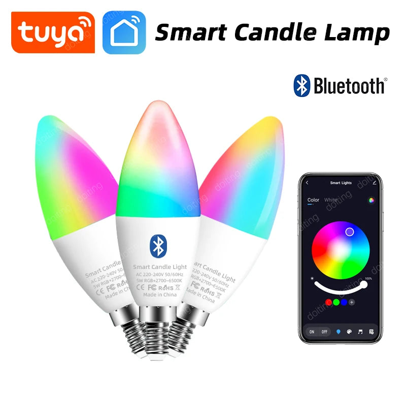 E14 Bluetooth Wifi Tuya Smart Led Chandelie Light Bulb RGB Color Change Lamps Smart Life APP Dimmable Alexa Google Home Voice