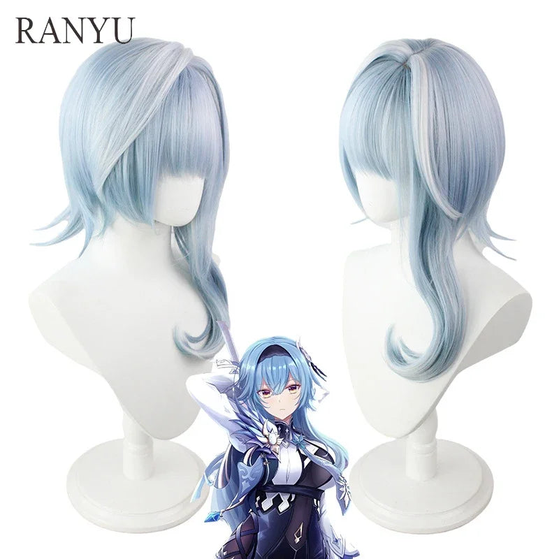 RANYU Genshin Eula Lawrence Cosplay Synthetic Wig Long Anime Game Blue White Mixed Hair Wig Heat Resistant For Party