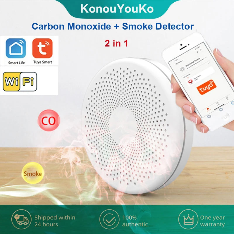 Tuya WiFi Carbon Monoxide Smoke Detector 2 in 1 Co Smoke Sensor Smart Life APP Control Fire Sound Alarm Security Protection