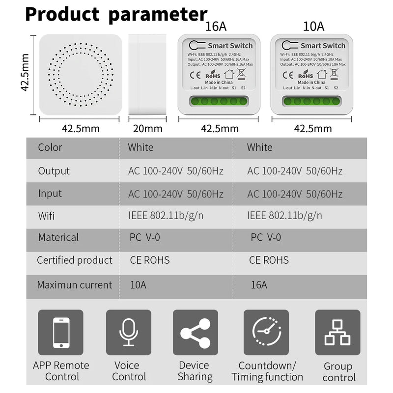 Tuya Mini Wifi Smart Switch Module Support 2 Way Control Smart Home DIY Switches Smart Life APP Alexa Google Home Voice Control