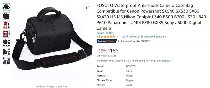 FOSOTO Waterproof Anti-Shock Camera Case Bag Compatible for Canon Powershot  Nikon Coolpix Panasonic LUMIX Sony Digital Camera