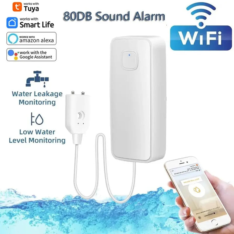 Tuya WiFi Smart Water Leak Sensor Water Overflow Level Detector 80dB Sound Alarm System Flood Leakage Sensor Remote Monitor