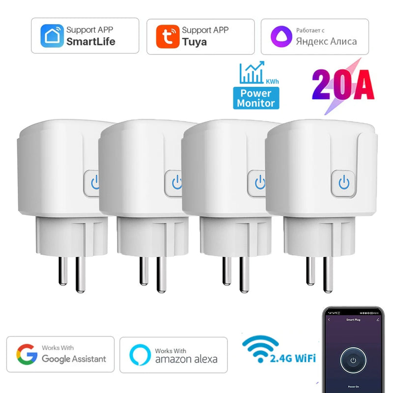 Tuya 16A,20A Smart Plug WiFi Socket EU Power Monitoring Timing Function Works with Alexa, Google Home, Alice, Smart Life Home