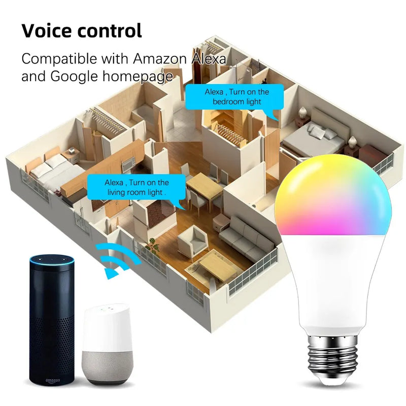 Tuya WiFi E27  Smart Dimmable Bulb RGBCW 100-240V 15W LED Light Smart Life App Control Support Alexa Google Home Alice