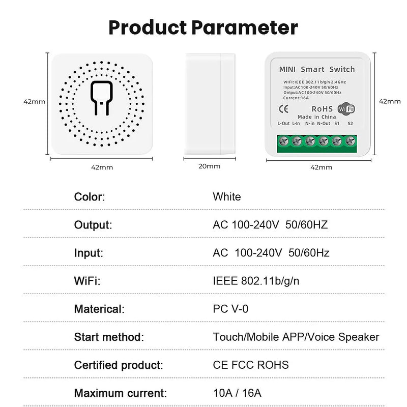 Tuya Mini 16A WiFi Switch Smart Life App 2 Way Control Smart Home Automation Module Interruptor Work for Alexa Google Home