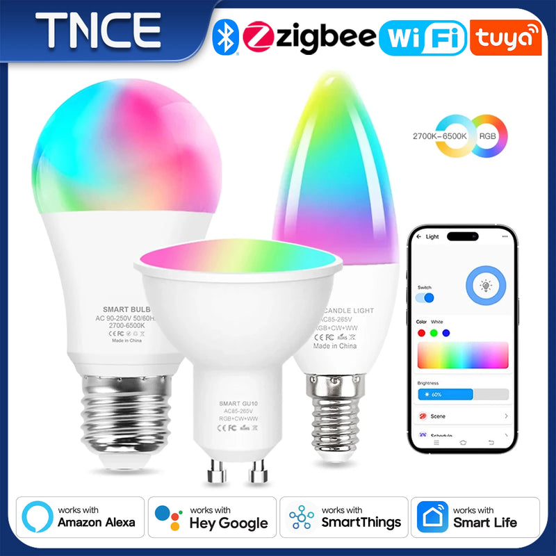 TNCE Tuya E27 E14 GU10 Bulb WIFI Zigbee, Dimmable Light LED lamps 2700-6500k RGB, Smart Life APP, Voice With Alexa Google Home