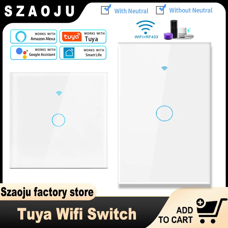 Szaoju Tuya WiFi Smart Light Switch With Glass Panel Smart Switch US Standard 1/2/3 Gang Switches For Smart Life Alexa Google