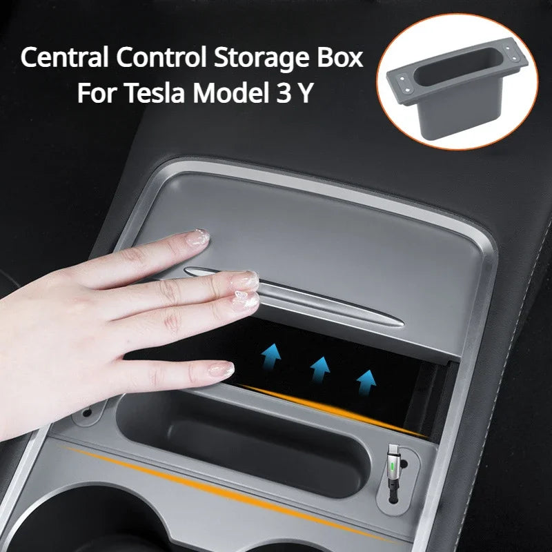 For Tesla Model 3 Y Central Control Hub Storage Box Center Console Data Cable Mobile Phone Storage Box Car Interior Accessories