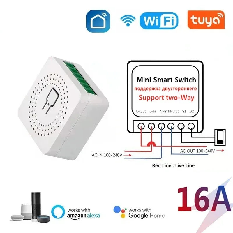 16A Tuya WiFi Smart Switch Module 2-way Control Mini Switch Breaker Smart Life Work With Alexa Google Alice