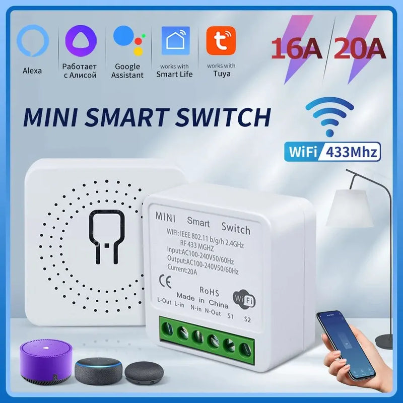 16A/20A Mini Tuya Smart Wifi Switch DIY Module 2-Way Control 433MHz Wireless Switch Smart Life APP Works With Alexa Google Home