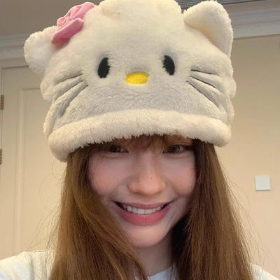 Sanrio hello kitty hat anime kawaii girl Portable Versatile knitted hat child Thickened and warm decorate ear protection hatGift