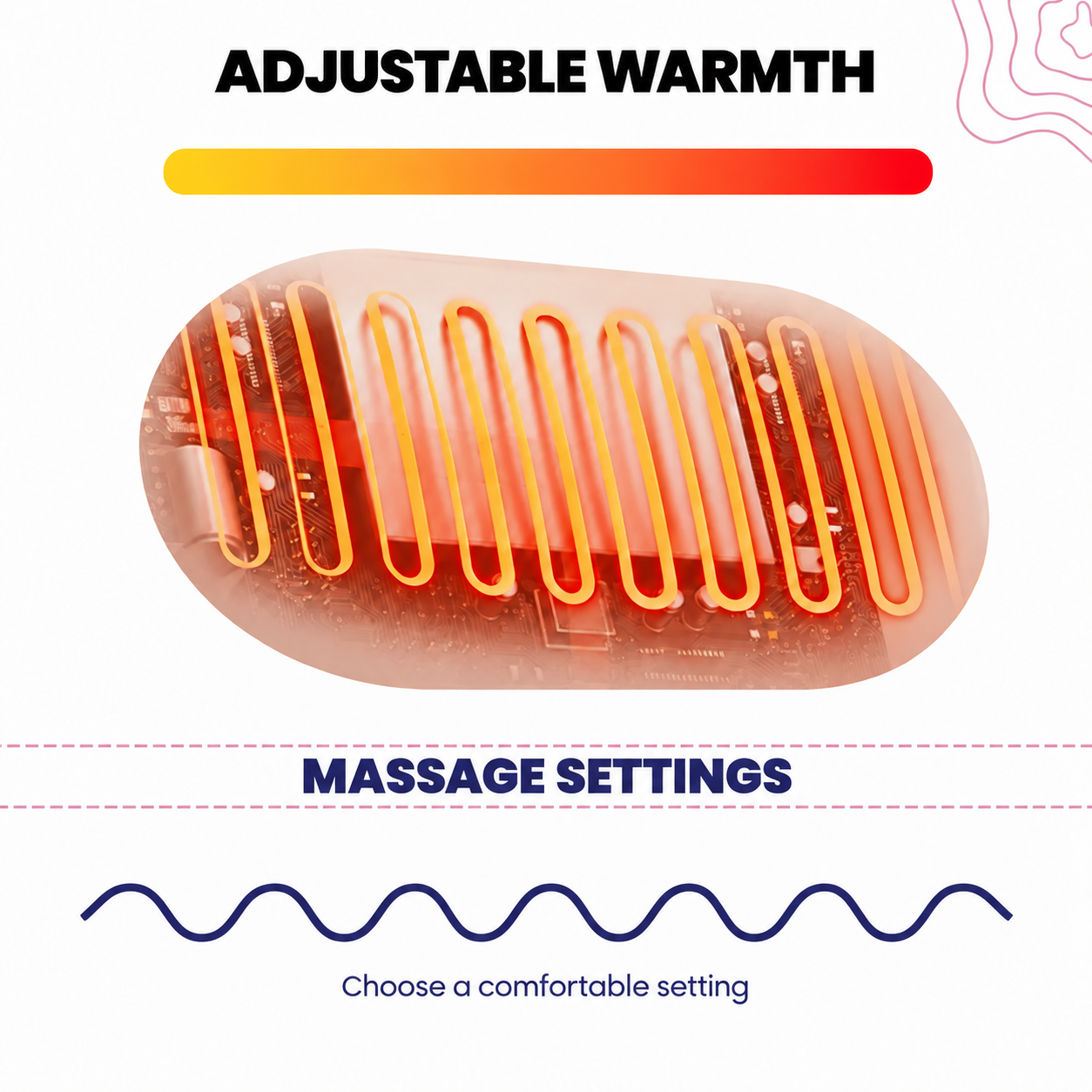 Adjustable warmth and massage settings illustration