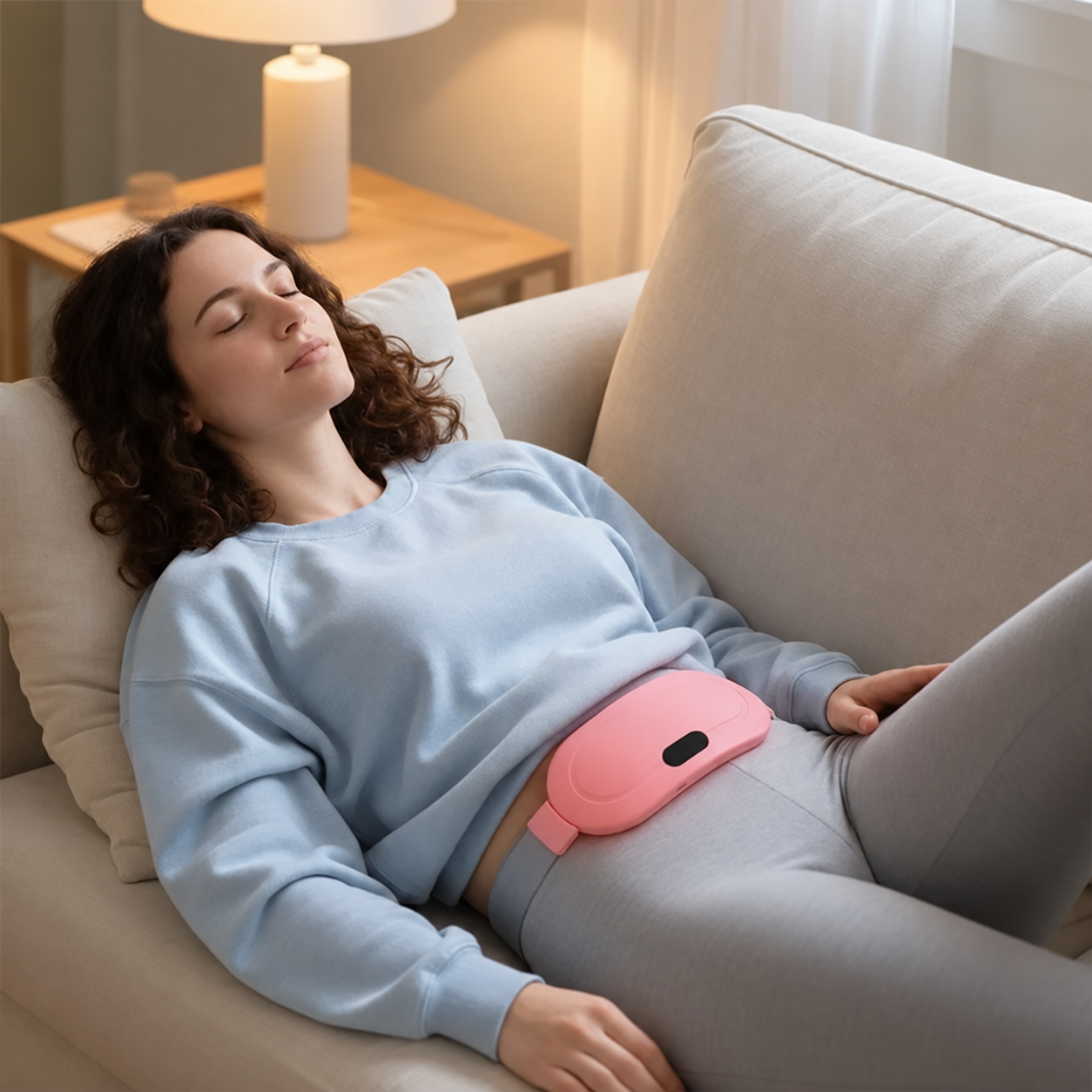 A quiet moment on the sofa with a heating belt